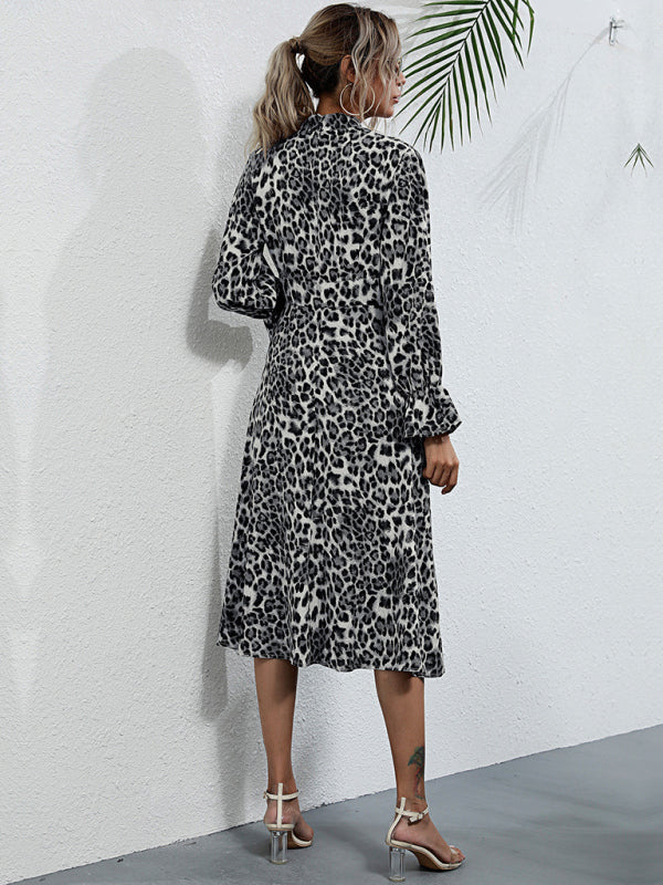 Women's leopard print long sleeve hollow high neck dress