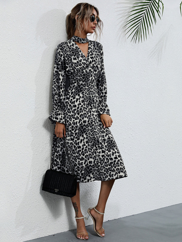 Women's leopard print long sleeve hollow high neck dress
