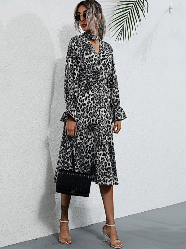 Women's leopard print long sleeve hollow high neck dress
