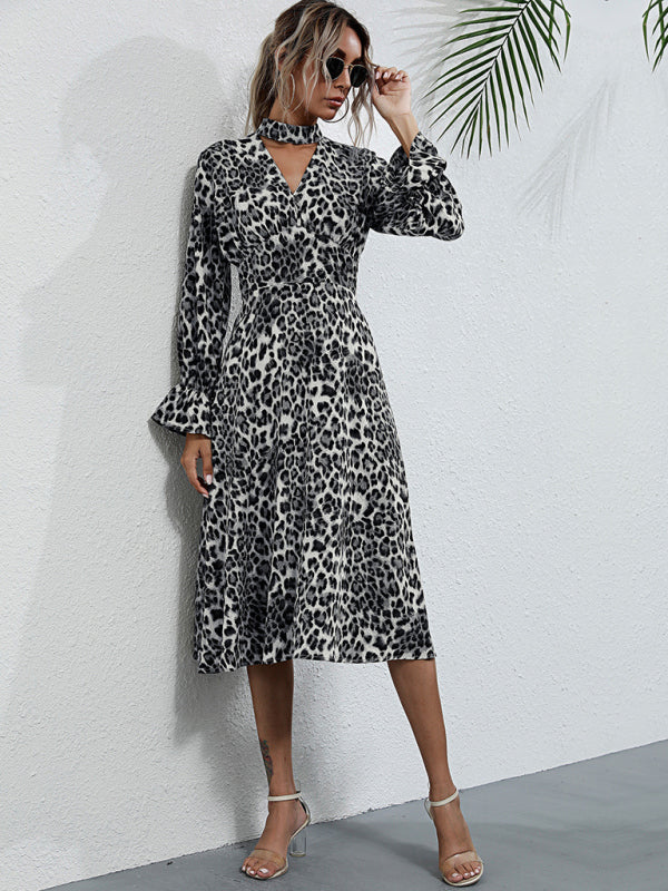 Women's leopard print long sleeve hollow high neck dress