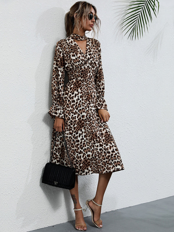 Women's leopard print long sleeve hollow high neck dress