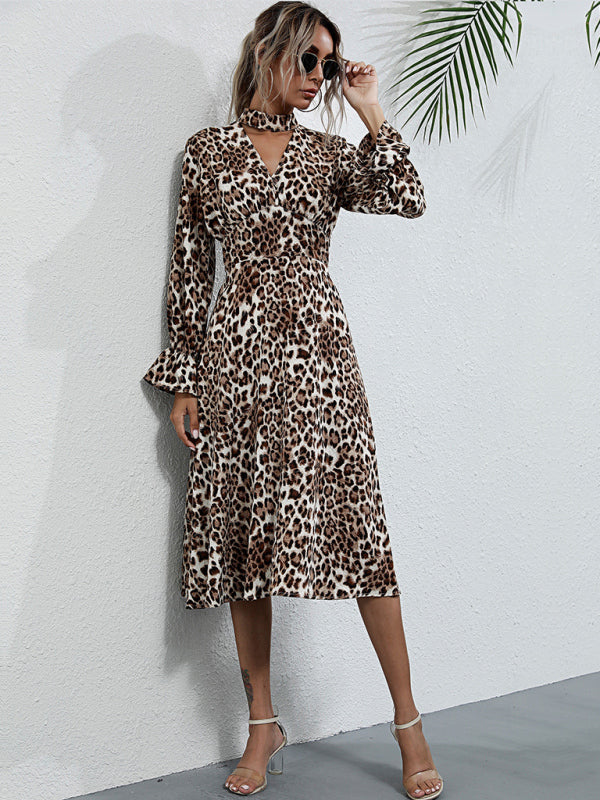 Women's leopard print long sleeve hollow high neck dress