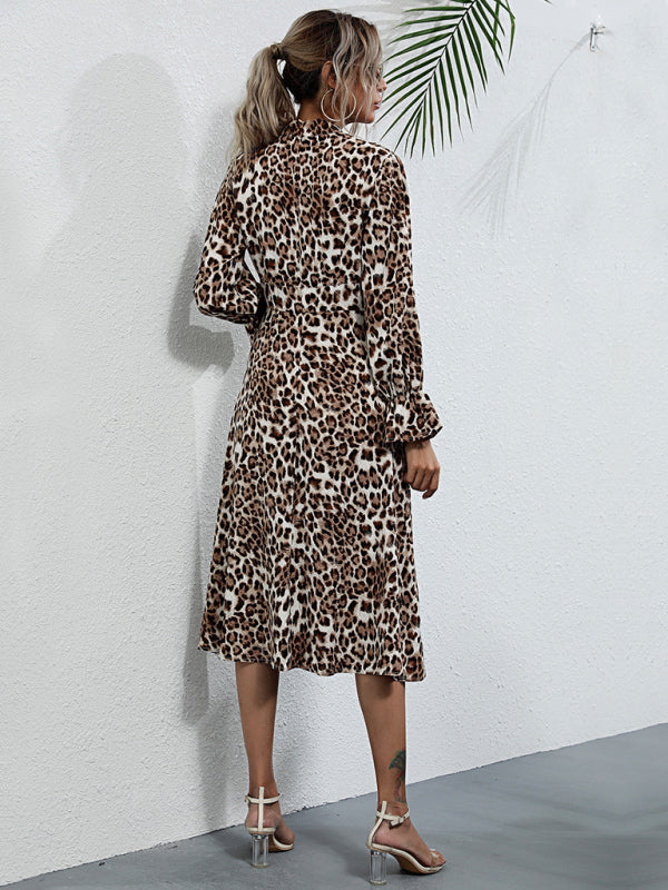 Women's leopard print long sleeve hollow high neck dress