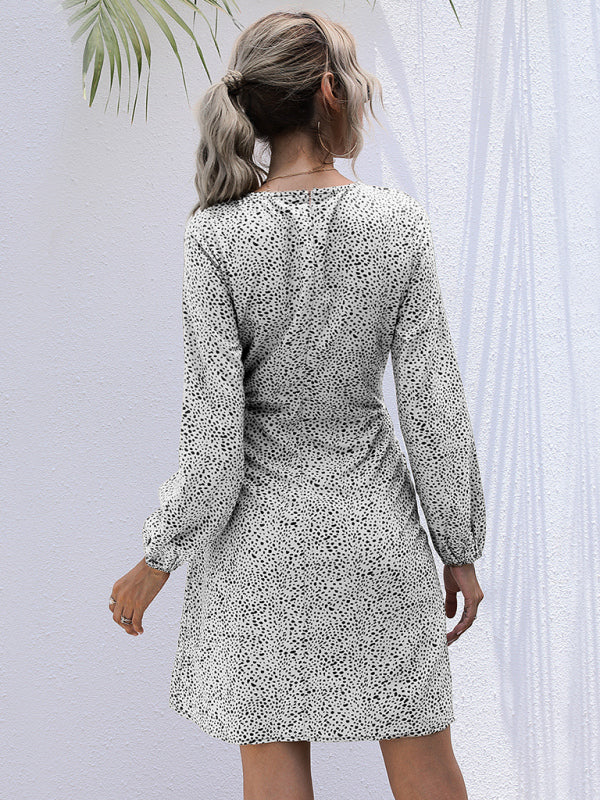 Women's lace-up irregular leopard print long-sleeved dress