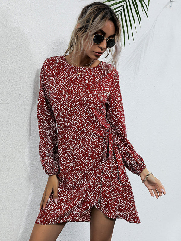 Women's lace-up irregular leopard print long-sleeved dress