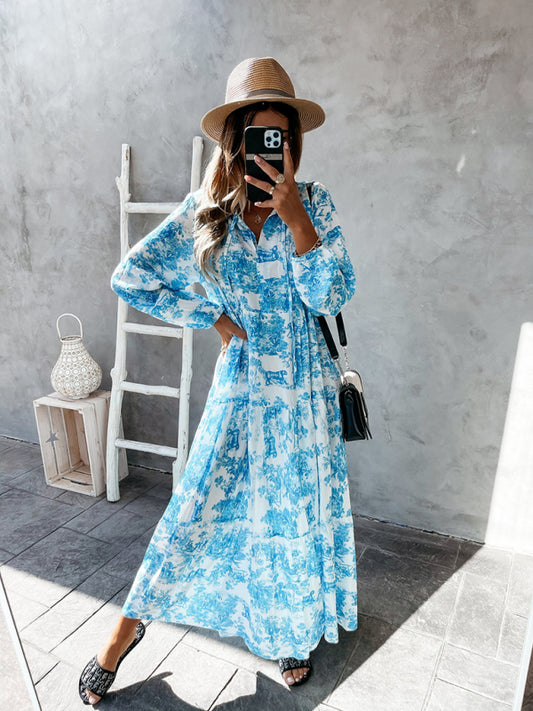 Women's Fashion Print Ruffle Neck Long Sleeve Resort Dress