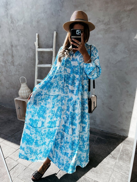 Women's Fashion Print Ruffle Neck Long Sleeve Resort Dress