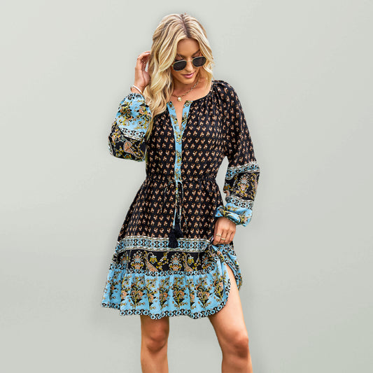 Women’s Long Sleeve Chiffon Scoop Neck Button Up Adjustable Tie Waist Mini Dress