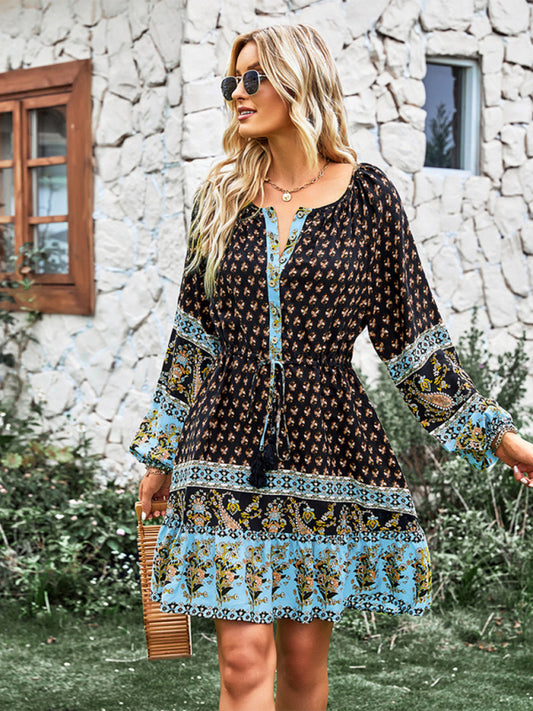Women’s Long Sleeve Chiffon Scoop Neck Button Up Adjustable Tie Waist Mini Dress