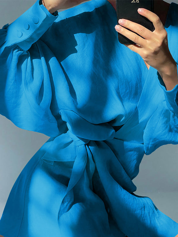 Women's long-sleeved lace-up bow dress