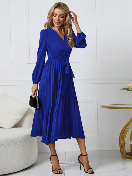 New long sleeve slim pleated belt V-neck dress A-line skirt