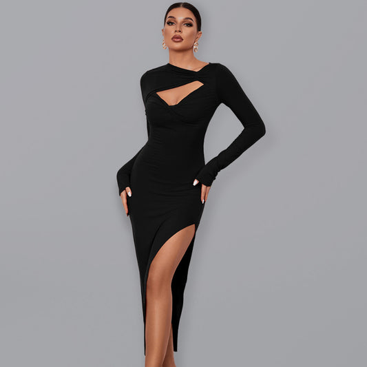 Women's slim package hip tight dress sexy open long-sleeved dress