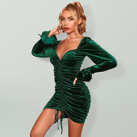 Women's sexy waist and temperament package hip dinner dress velvet long-sleeved dress