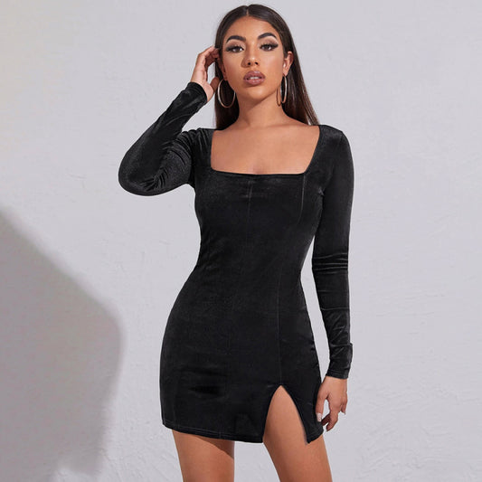 New women's sexy split square neck temperament package hip skirt velvet long-sleeved French dress