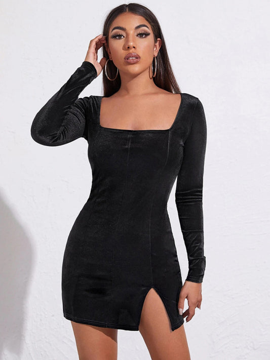 New women's sexy split square neck temperament package hip skirt velvet long-sleeved French dress