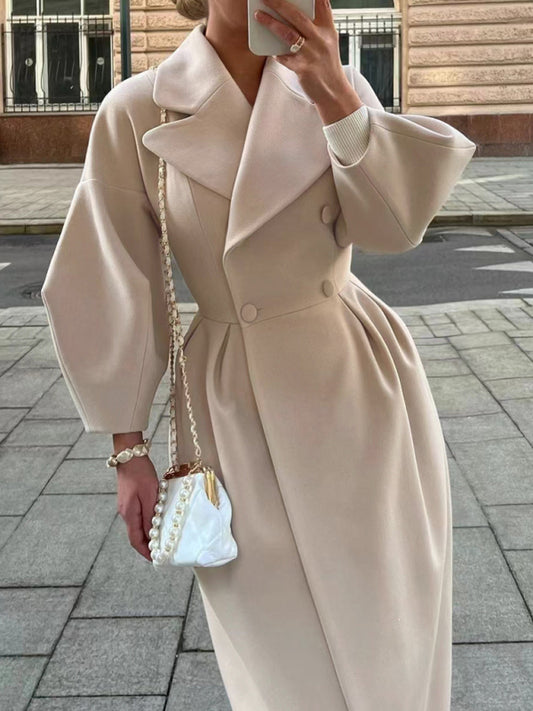 Retro court style lantern sleeve woolen coat with large lapel and long coat