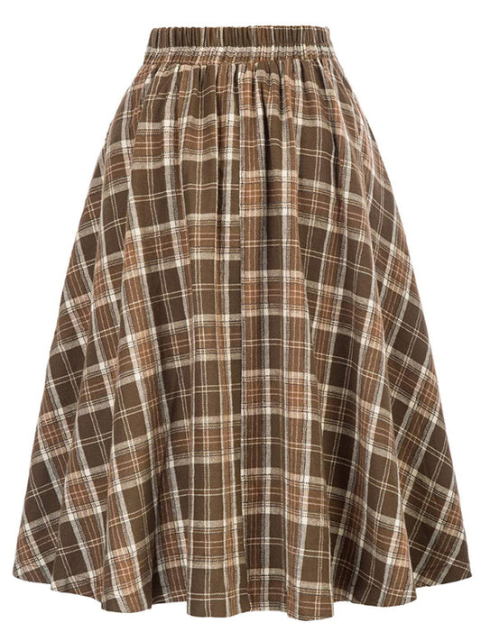 Women’s Plaid Print Buttons High Waist Midi Skirt