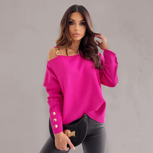 Women’s Chic Solid Color Asymmetric Neckline Embellished Long Sleeves Sweater