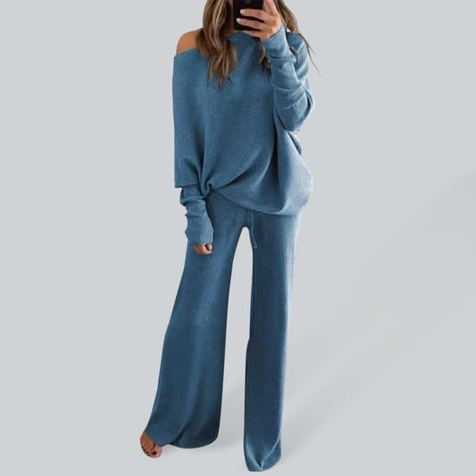 Women's Solid Color Off The Shoulder Ribbed Wide Legs Pants Sweater Set