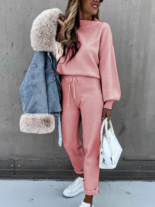 Women's Solid Color Relaxed Fit Long Sleeve Turtleneck Sweatshirt Pants Set