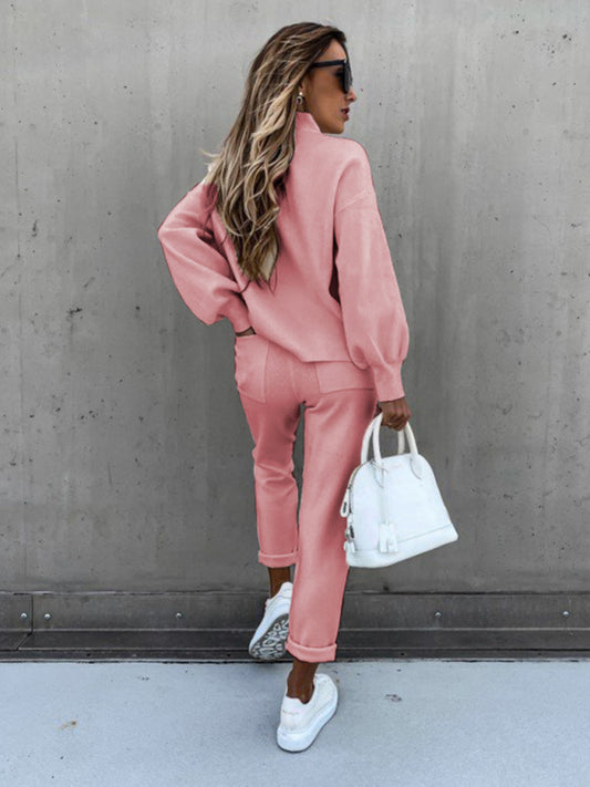 Women's Solid Color Relaxed Fit Long Sleeve Turtleneck Sweatshirt Pants Set
