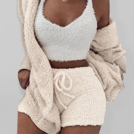 Women's Solid Color Warm Fuzzy Fleece Faux Sherpa 3 Piece Pajamas