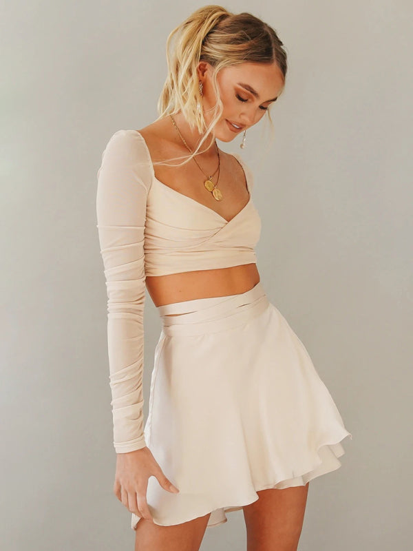 Solid Color Skirt High Waist Fashion One Piece Tie Skirt Chiffon Satin Wrap Skirt