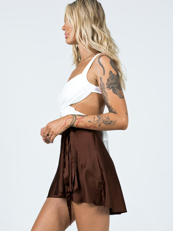Solid Color Skirt High Waist Fashion One Piece Tie Skirt Chiffon Satin Wrap Skirt