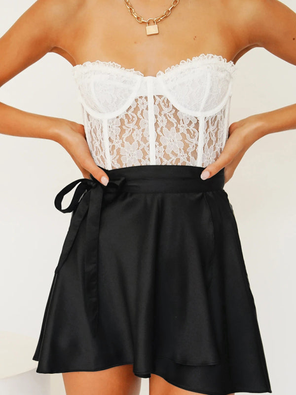 Solid Color Skirt High Waist Fashion One Piece Tie Skirt Chiffon Satin Wrap Skirt
