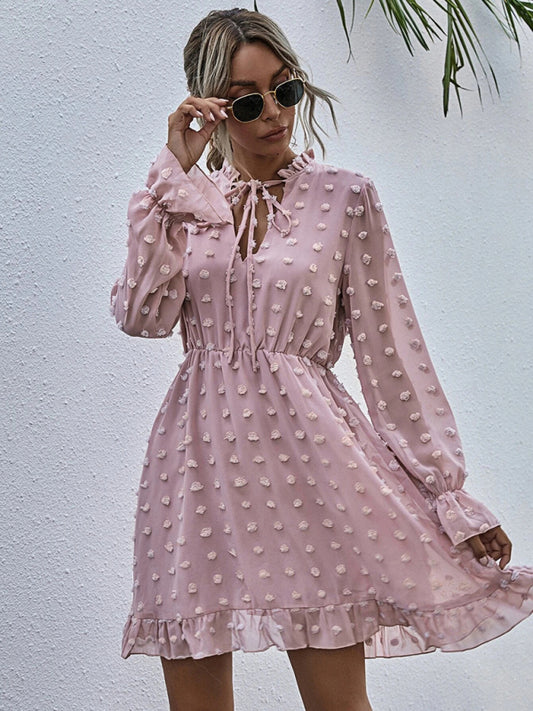 Women's Solid Color Tie-neck Clip-dot Chiffon Ruffle A-line Mini Dress