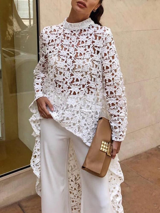 Ladies New Fashion Irregular Sexy Lace Long Sleeve Dress Tops