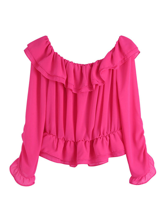 Spring new one-shoulder layered decorative chiffon rose red shirt