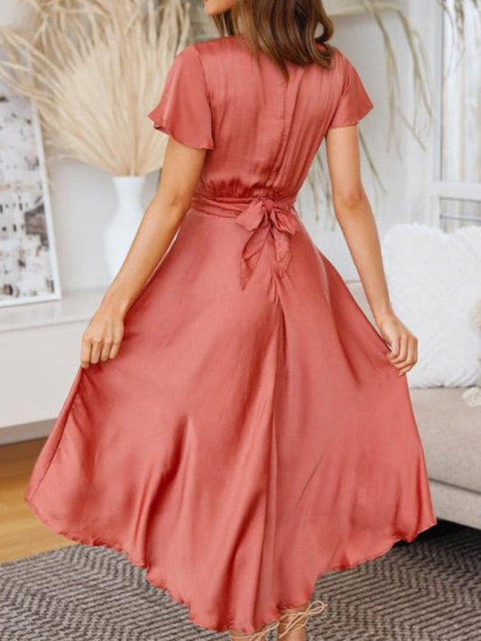 Summer sexy temperament women's short-sleeved V-neck irregular skirt dress