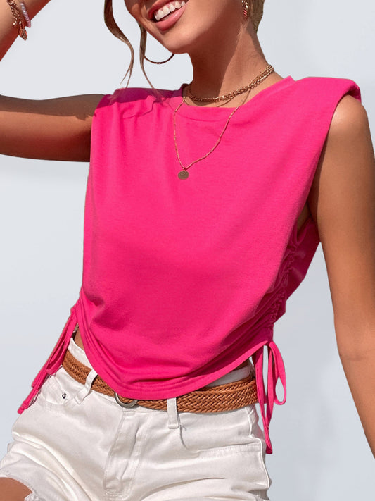 Women's Solid Color Side Rushed Drawstring Shoulder Padded Tank