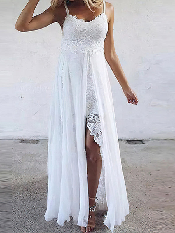 Women's Suspender V-neck Lace Slit Irregular Long Dress