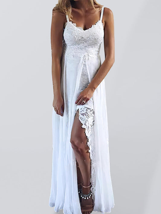 Women's Suspender V-neck Lace Slit Irregular Long Dress