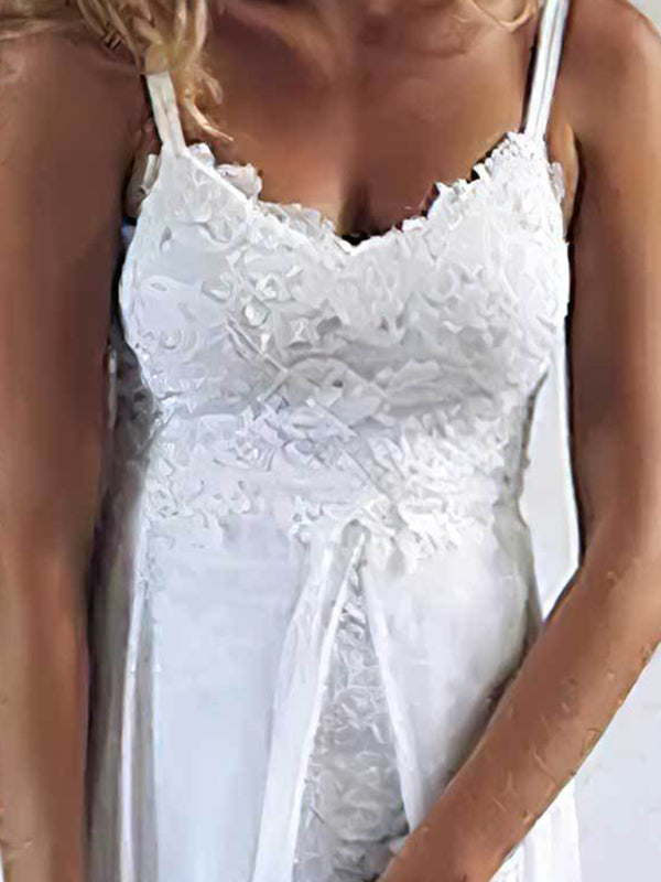 Women's Suspender V-neck Lace Slit Irregular Long Dress