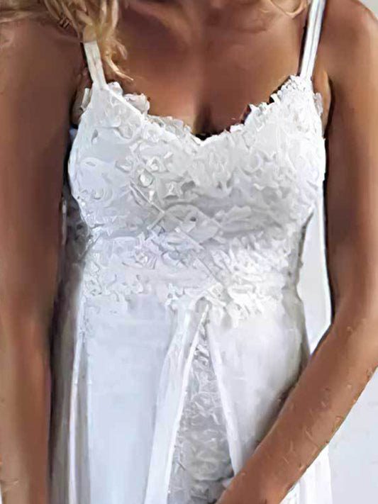 Women's Suspender V-neck Lace Slit Irregular Long Dress