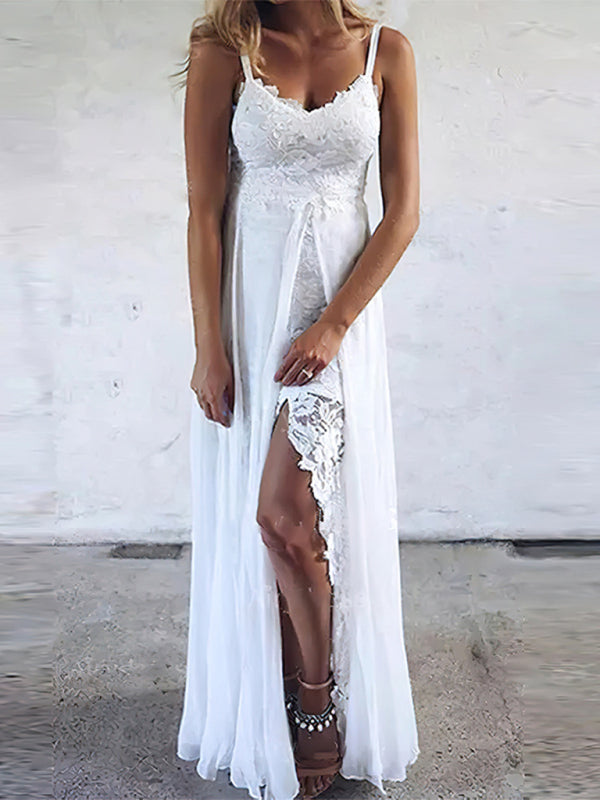 Women's Suspender V-neck Lace Slit Irregular Long Dress