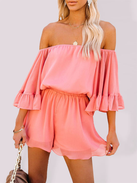 New splicing short-sleeved loose-fitting solid-color chiffon jumpsuit