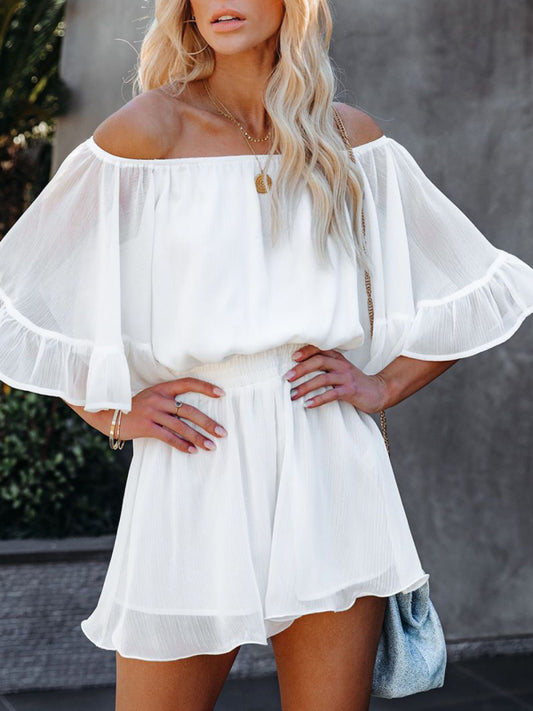 New splicing short-sleeved loose-fitting solid-color chiffon jumpsuit