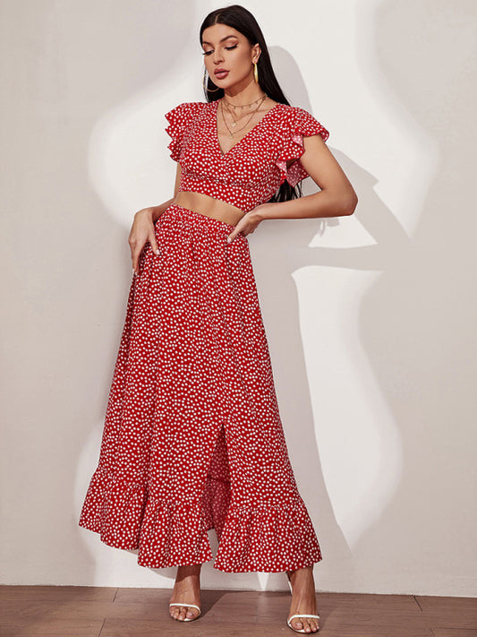 Women's polka dot print V-neck top + skirt two-piece set