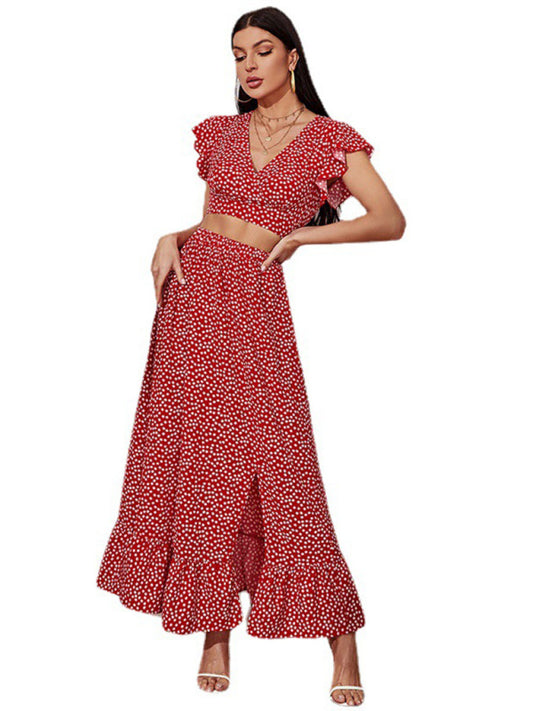 Women's polka dot print V-neck top + skirt two-piece set