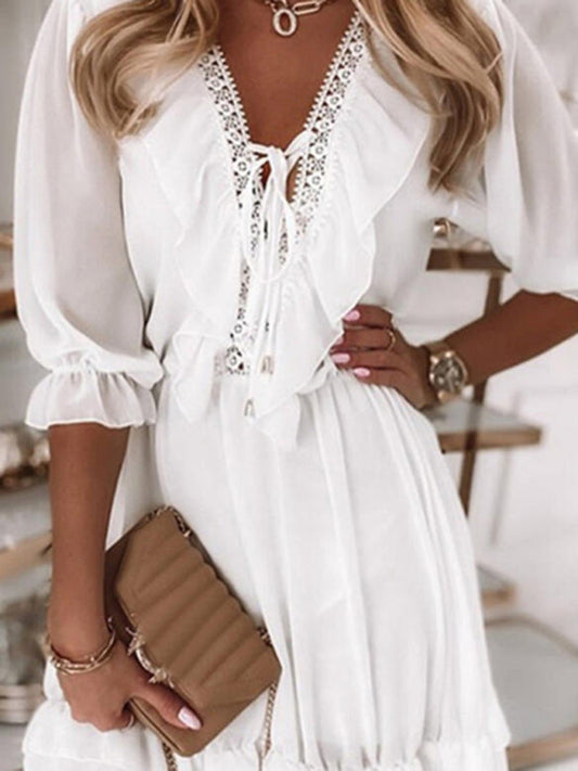 Women's Solid Color Tie Neck Puff Sleeve Ruffle Mini Dress