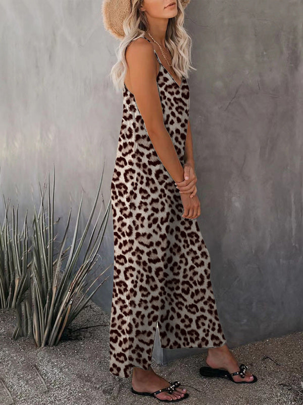 Women's Casual Sleeveless Leopard Print Pocket Loose Suspender Jumpsuit