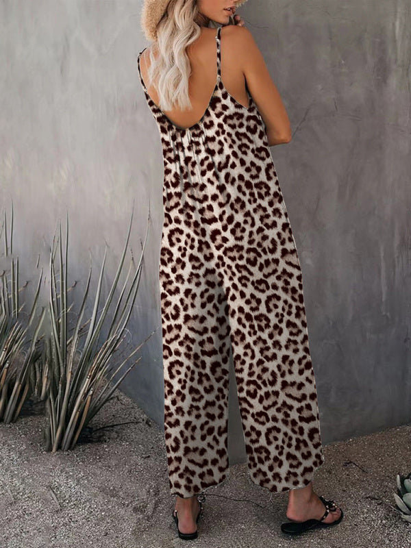 Women's Casual Sleeveless Leopard Print Pocket Loose Suspender Jumpsuit