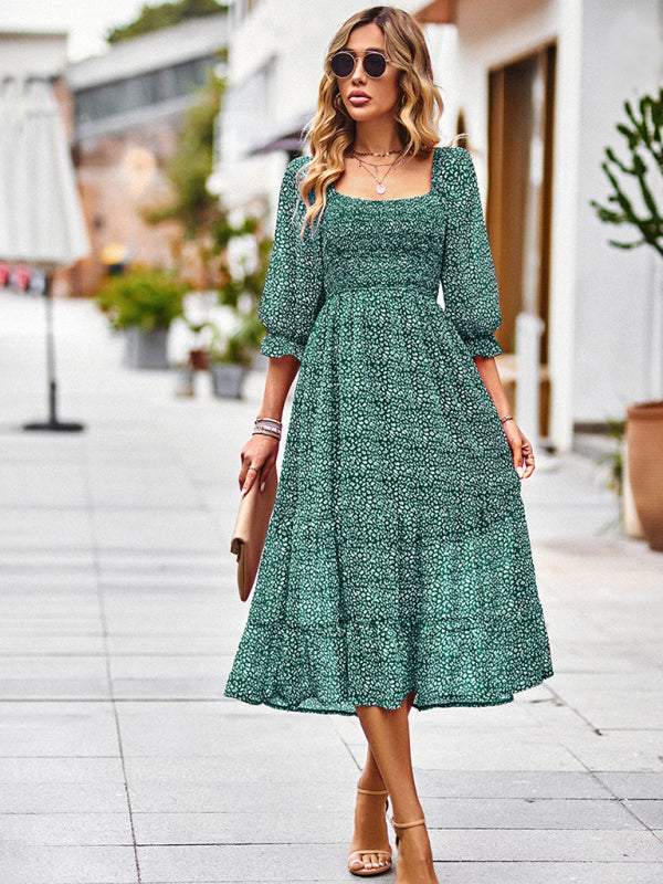 Bohemian Dress Feminine Square Neck Three Quarter Sleeve Maxi Dress