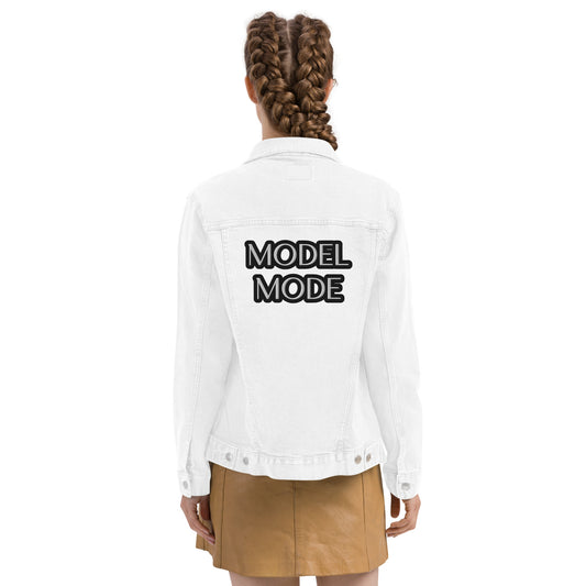 MODEL MODE IN WHITE WITH BLACK OUTLINE WRITING Unisex denim jacket