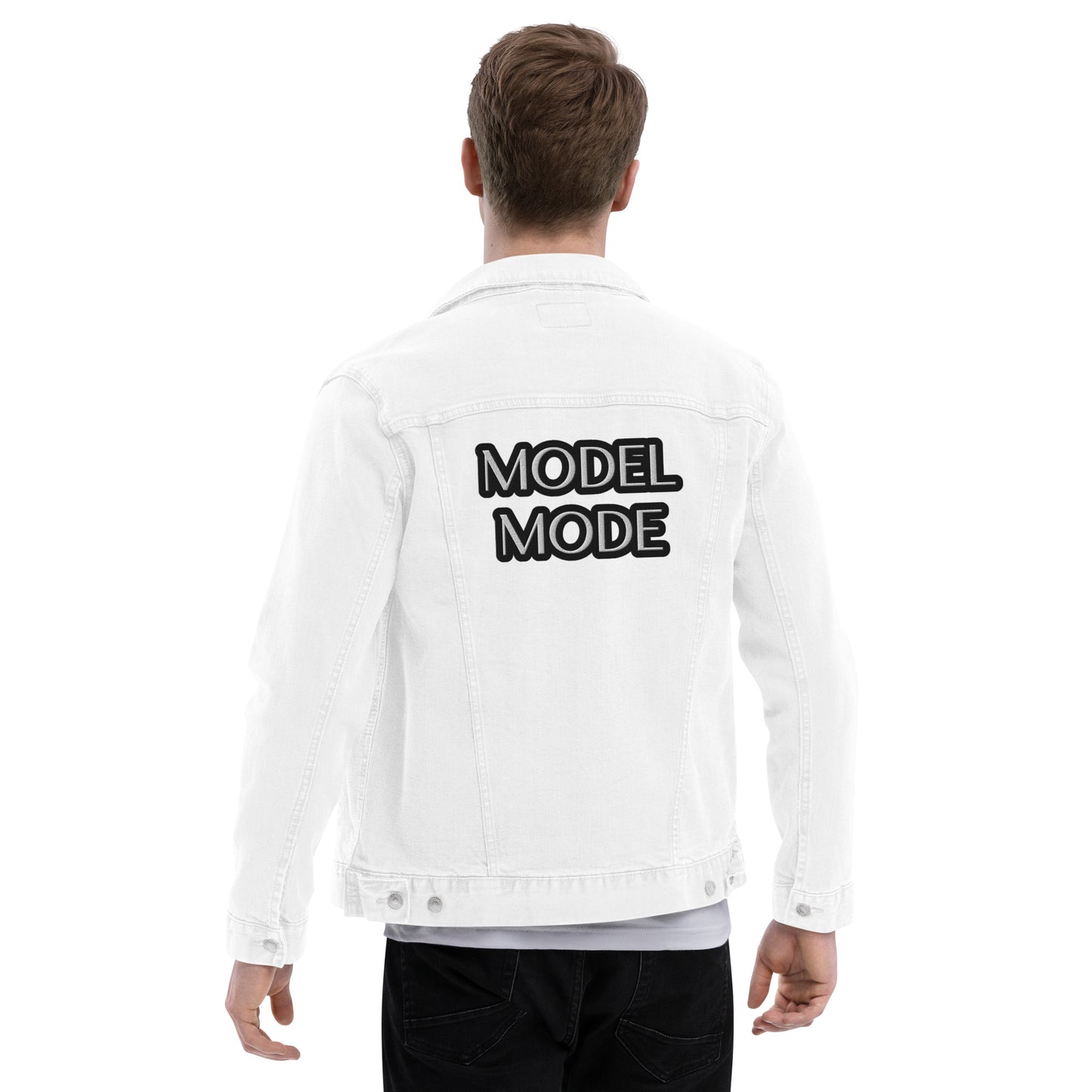 MODEL MODE IN WHITE WITH BLACK OUTLINE WRITING Unisex denim jacket